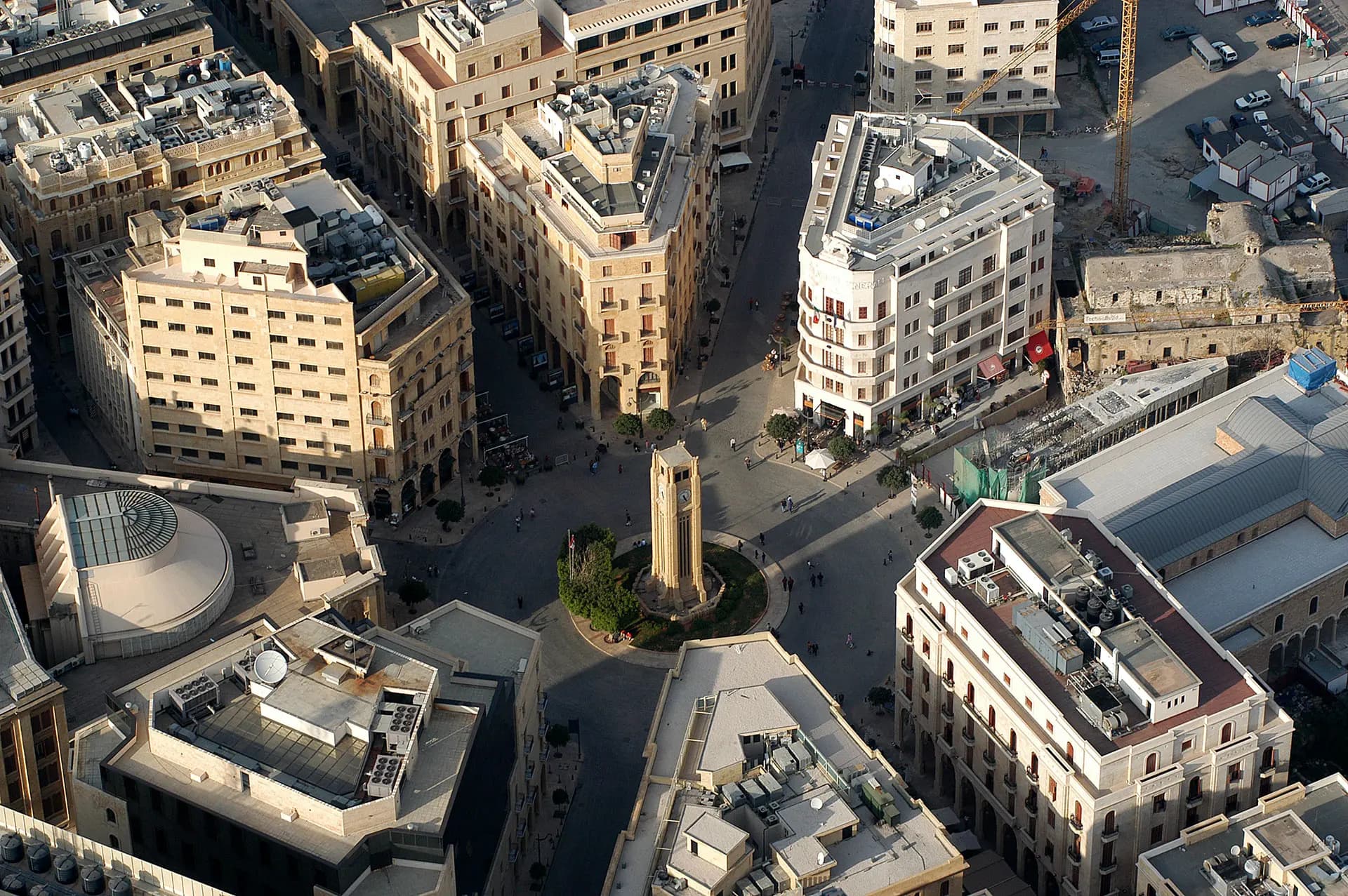 Aerial view of Downtown Beirut and the clock tower at Nejmeh Square