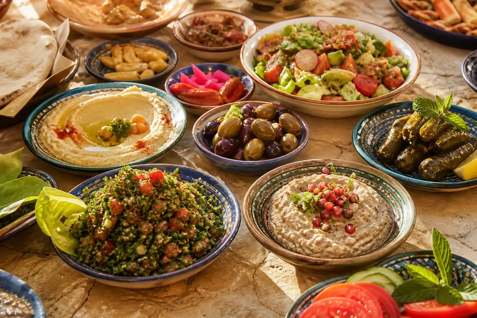 Lebanese mezze dishes arranged for sharing